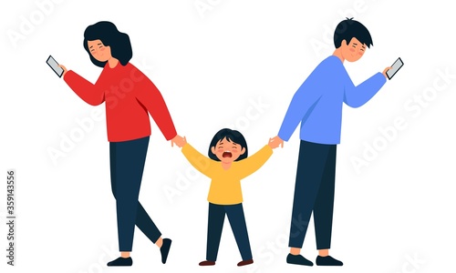 Parents ignore the child. Father and mother hold a crying daughter by the hand.