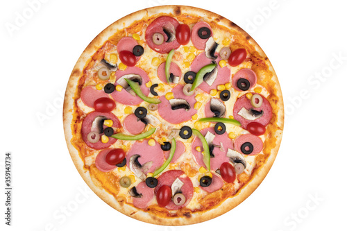 Pizza with sausage, olives, paprika, mushrooms, cherry tomatoes and cheese. View from above. On a white isolated background