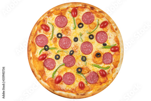 Pizza with salami, olives, paprika, mushrooms, cherry tomatoes and cheese. View from above. On a white isolated background