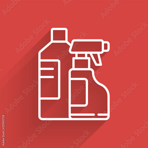 White line Plastic bottles for laundry detergent, bleach, dishwashing liquid or another cleaning agent icon isolated with long shadow.  Vector Illustration