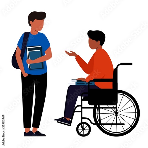 A disabled person in a wheelchair holds books on his lap and talks to a guy. Student with disabilities.