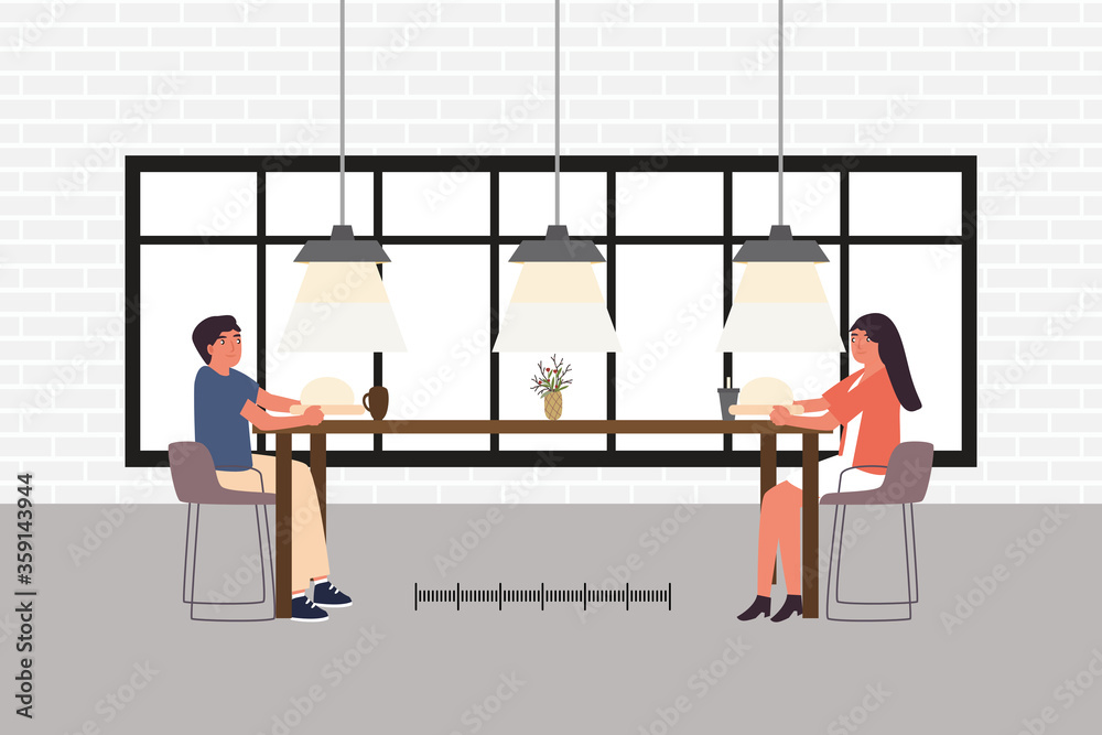 Obraz premium Food and drink and social distancing concept.Couple man and woman sitting in cafe restaurant eating food with table shield to protect infection from coronavirus. New normal Flat Vector Illustration.