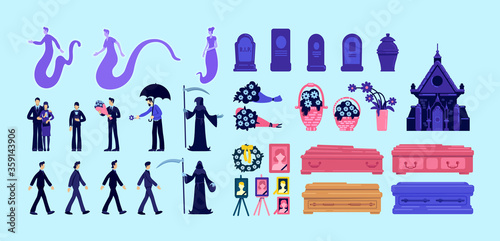 Death and funeral flat color vector objects set