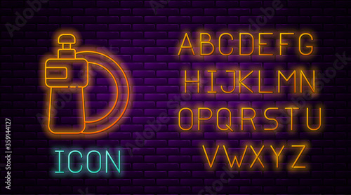 Glowing neon line Dishwashing liquid bottle and plate icon isolated on brick wall background. Liquid detergent for washing dishes. Neon light alphabet. Vector Illustration