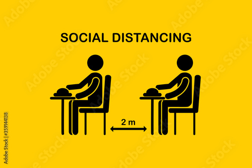 Restaurant and social distancing Coronavirus COVID-19 pandemic concept.People holding food sitting in Canteen that one people sit on the one table.Keep Safe Distance 2 meter.New normal icon vector.
