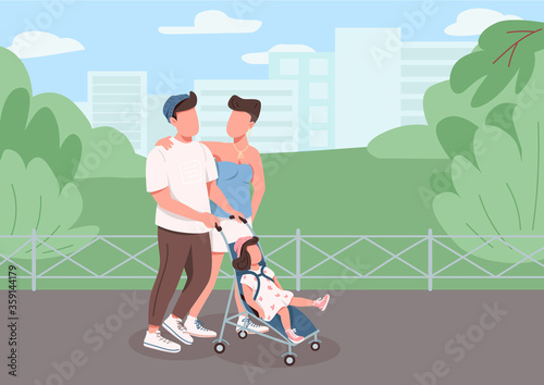Young family walking flat color vector illustration