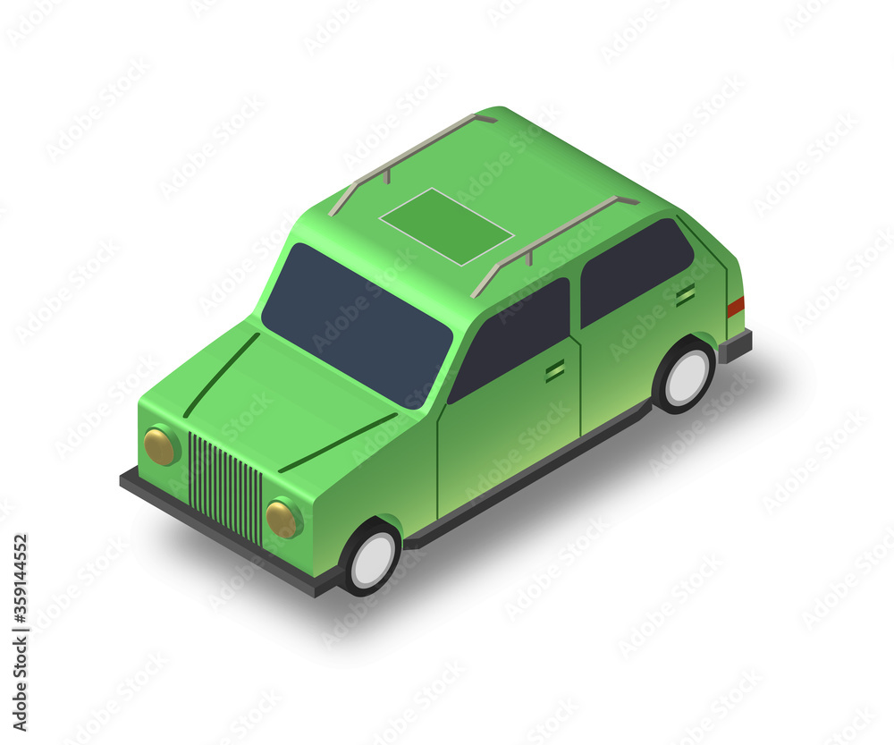  green car isometric illustration, 3D rendering, isolated green cartoon machine
