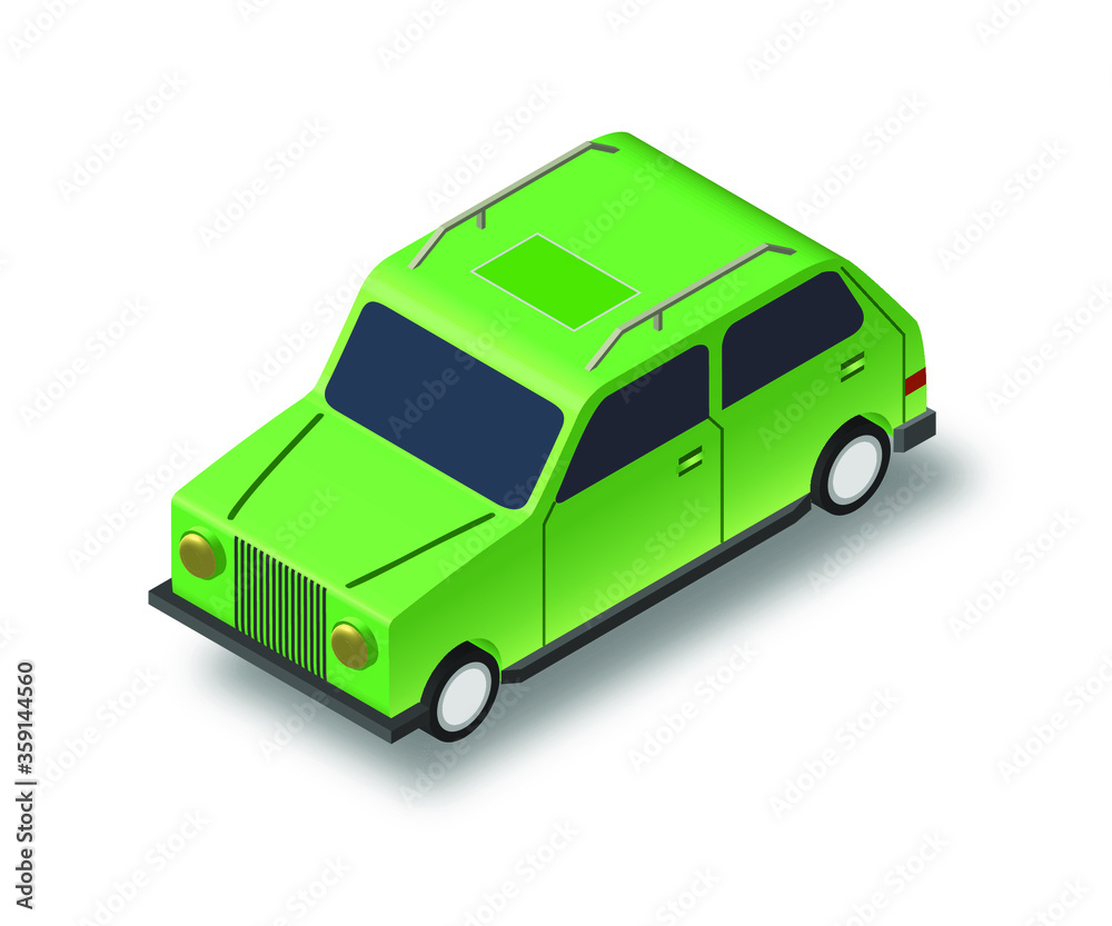 Vector green car isometric illustration, 3D rendering, isolated green cartoon machine