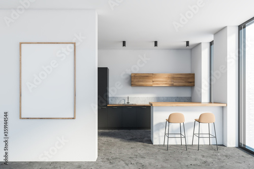 White and grey kitchen with bar and poster