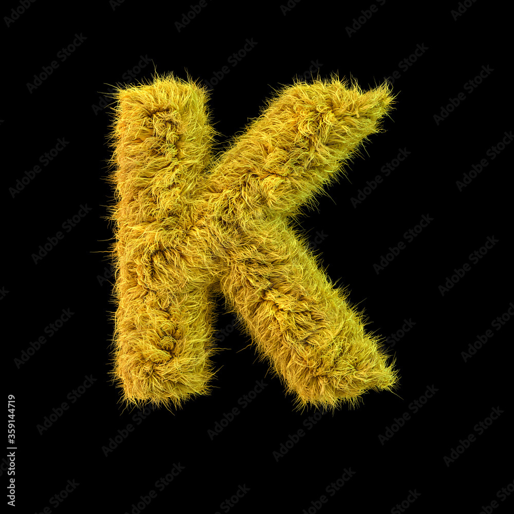 Capital letter K. Uppercase. Yellow fluffy font on black background. 3D Capital letter K. Uppercase. Yellow fluffy font on black background. 3D