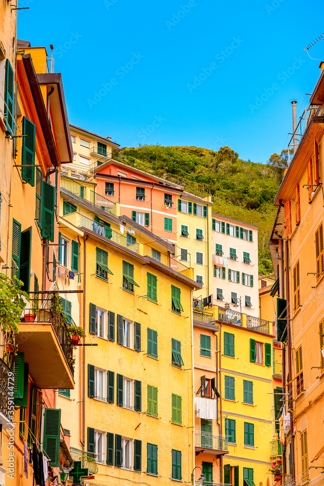 It's Houses in Riomaggiore (Rimazuu), a village in province of La Spezia, Liguria, Italy. It's one of the lands of Cinque Terre, UNESCO World Heritage Site
