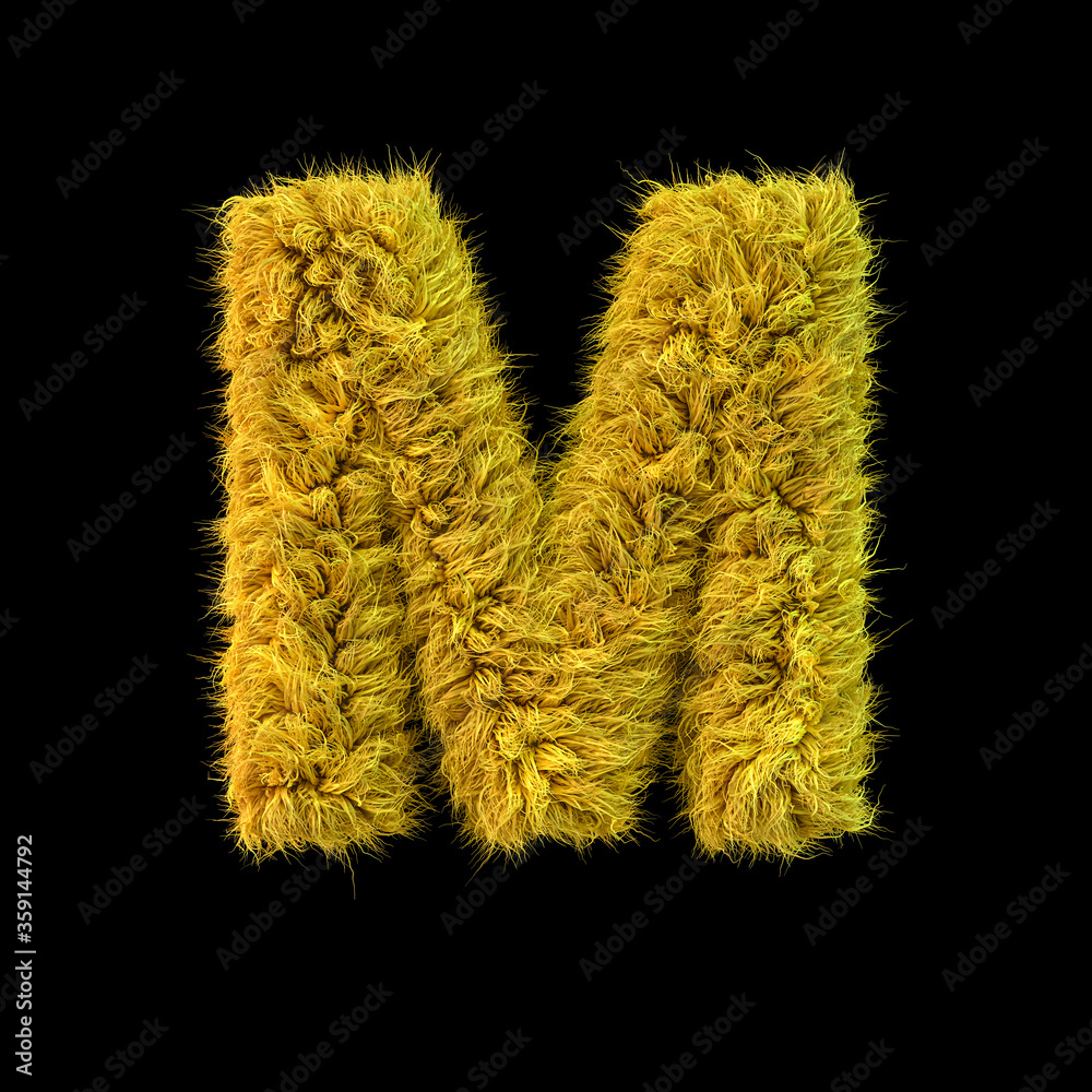Capital letter M. Uppercase. Yellow fluffy font on black background. 3D Capital letter M. Uppercase. Yellow fluffy font on black background. 3D