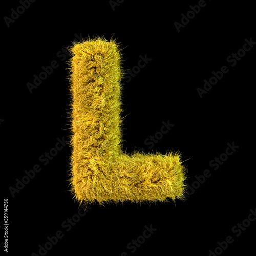 Capital letter L. Uppercase. Yellow fluffy font on black background. 3D