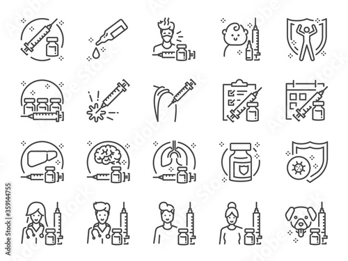 Vaccination line icon set. Included icons as vaccine, inoculation, antivirus, medicine, immune system,  immunity, prevent diseases and more.