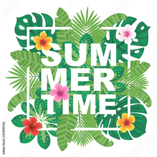 Summer time vector illustration. Logo, banner, label, badge with tropical leaves and flowers.