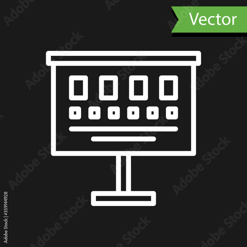 White line Eye test chart icon isolated on black background. Poster for vision testing in ophthalmic study. Snellen chart.  Vector Illustration