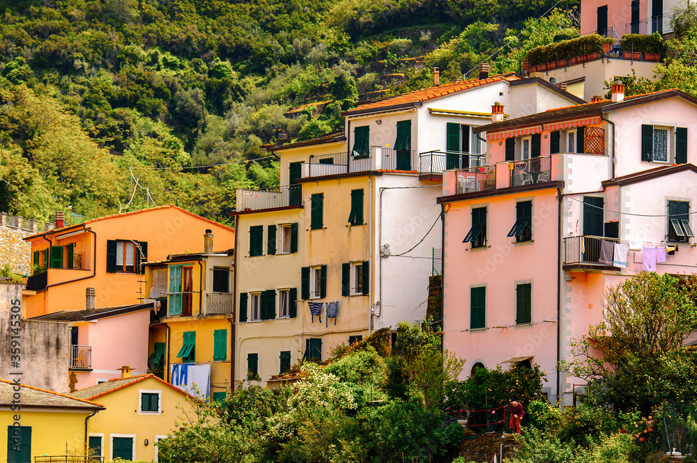 It's Architecture of Riomaggiore, a village in province of La Spezia, Liguria, Italy. It's one of the lands of Cinque Terre, UNESCO World Heritage Site