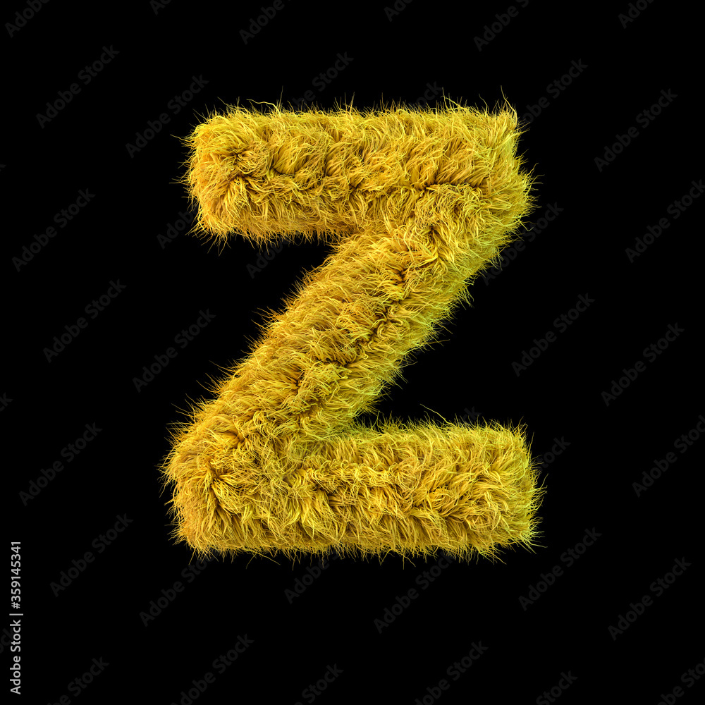 Capital letter Z. Uppercase. Yellow fluffy font on black background. 3D