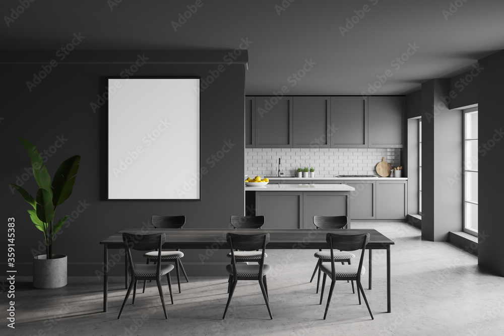 Dark grey kitchen with table and poster Dark grey kitchen with table and poster
