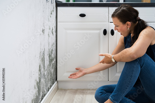 Woman Looking At Mold Wall Damage