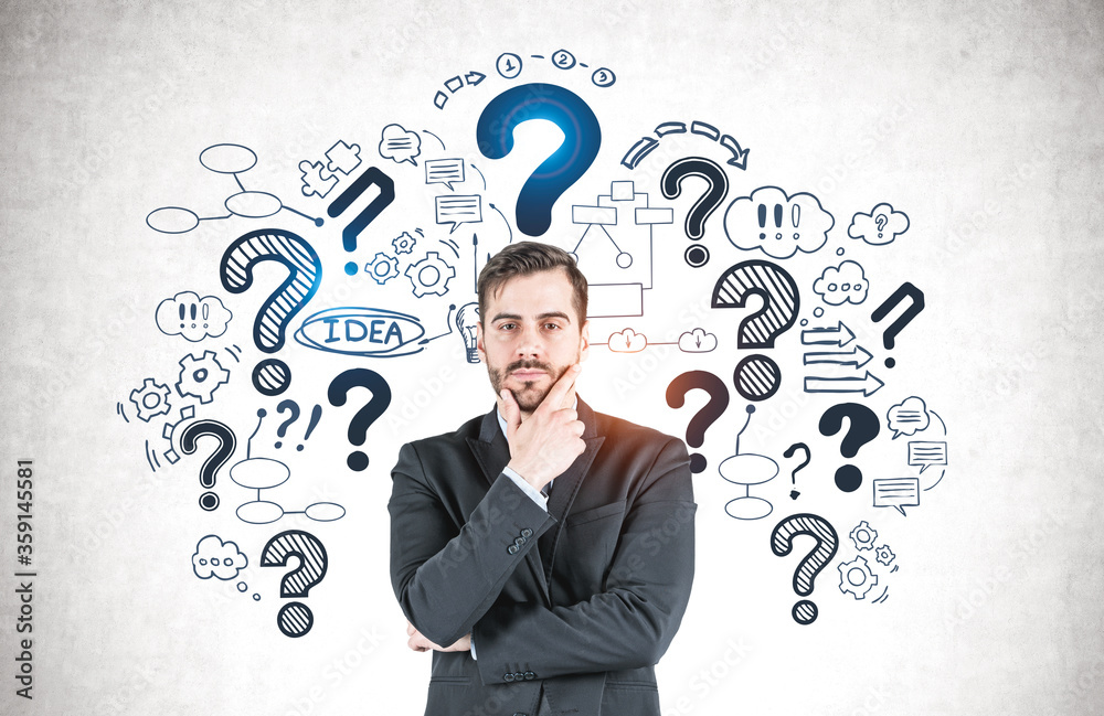Thoughtful bearded businessman, question marks Thoughtful bearded businessman, question marks