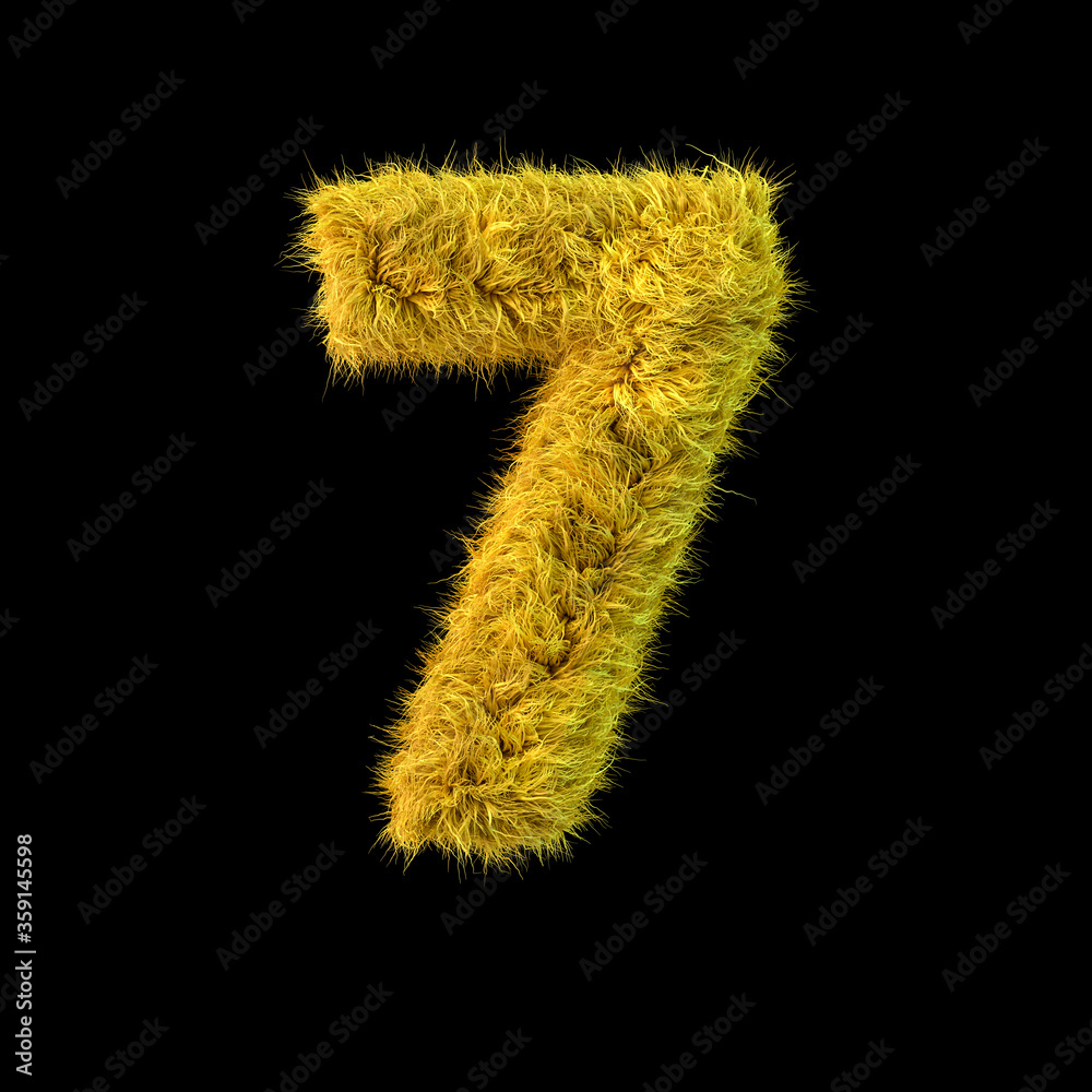 Number 7. Digital sign. Yellow fluffy font on black background. 3D