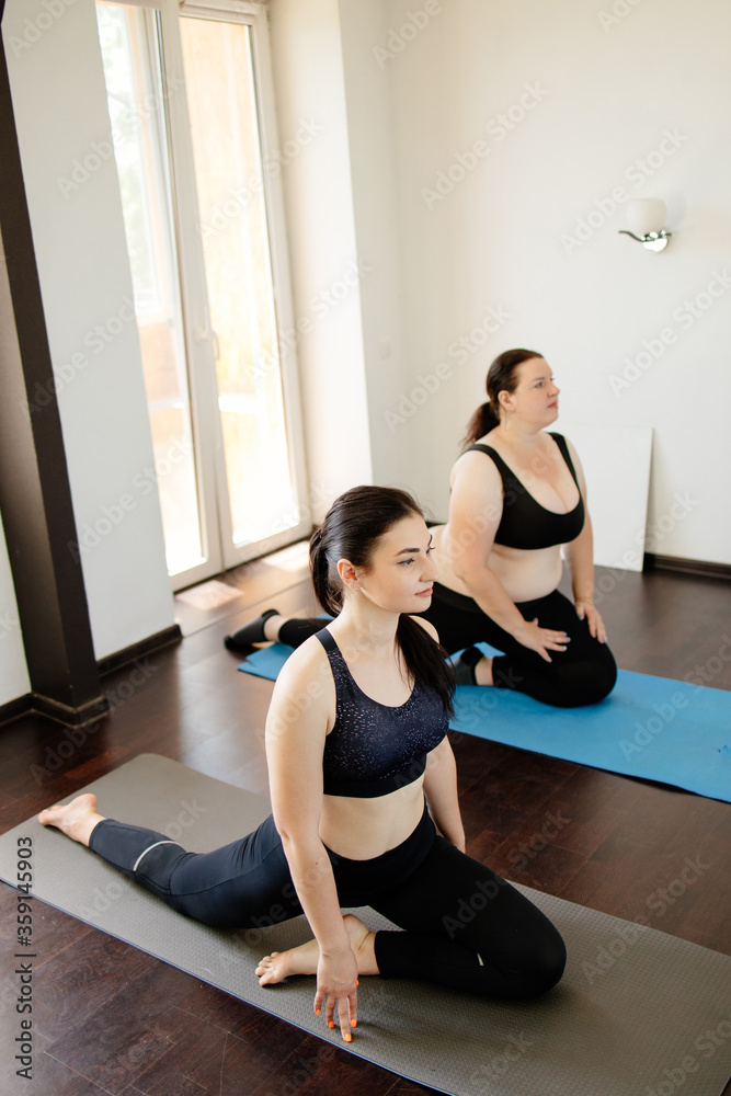 Home yoga studio. Two young women doing yoga exercises at living room. Mindfulness, spirituality and healthy lifestyle concept