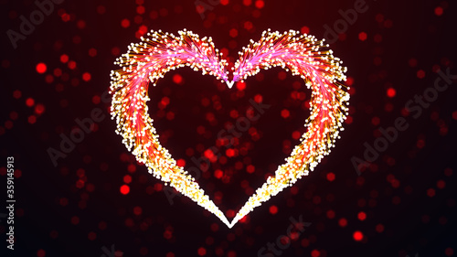 Artistic Red And Yellow 3D Rendering Heart Shape Fiber Dots Lines With Dark Red Sparkling Glitter Shines Blurry Light Optical Bokeh