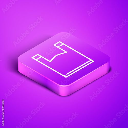 Isometric line Plastic bag icon isolated on purple background. Disposable cellophane and polythene package prohibition sign. Purple square button. Vector Illustration.
