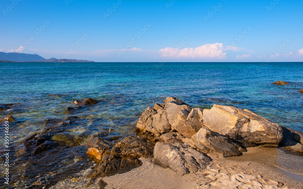 Panoramic view of Costa Smeralda coast of Tyrrhenian Sea and Isola Molara island seen from San Teodoro resort town in Sardinia, Italy