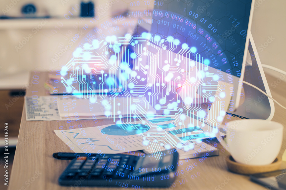 Multi exposure of work space with computer and human brain hologram. Brainstorm concept. Multi exposure of work space with computer and human brain hologram. Brainstorm concept.