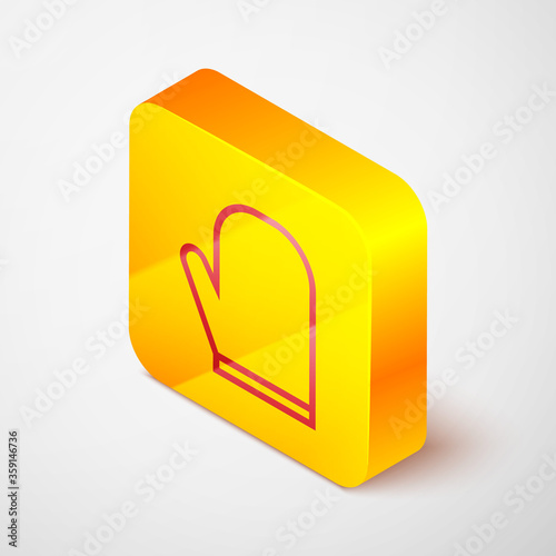 Isometric line Oven glove icon isolated on grey background. Kitchen potholder sign. Cooking glove. Yellow square button. Vector Illustration.