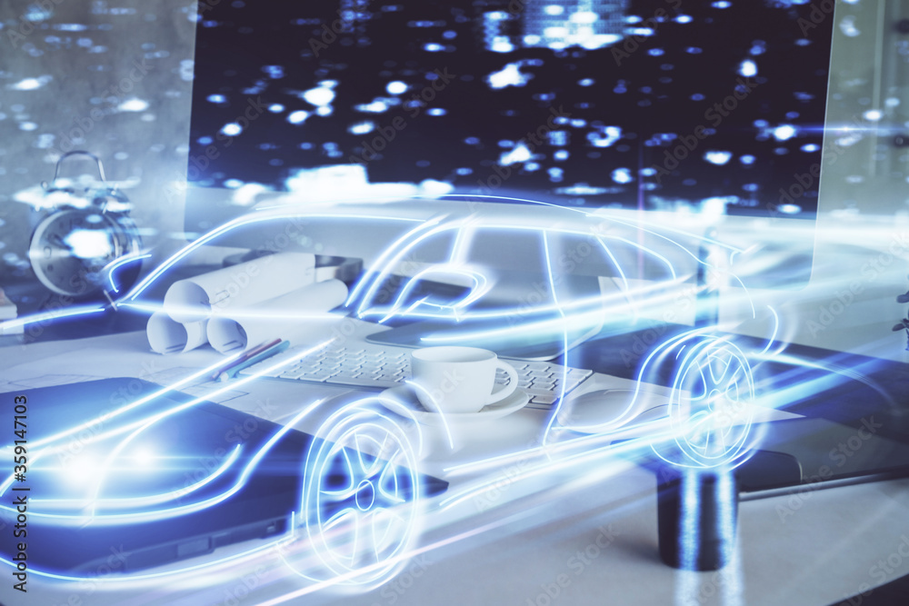 Fototapeta premium Desktop computer background in office with automobile hologram drawing. Multi exposure. Tech concept.