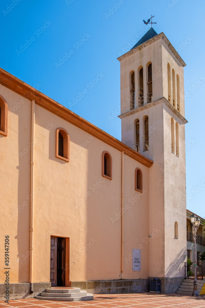 San Teodoro church - Chiesa di San Teodoro - at Piazza Mediterraneo square of resort town at Costa Smeralda coast of Tyrrhenian Sea in San Teodoro, Sardinia; Italy