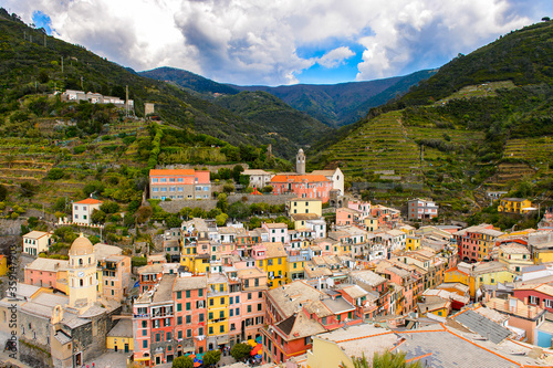 It's Aerial view of Vernazza (Vulnetia), a small town in province of La Spezia, Liguria, Italy. It's one of the lands of Cinque Terre, UNESCO World Heritage Sit