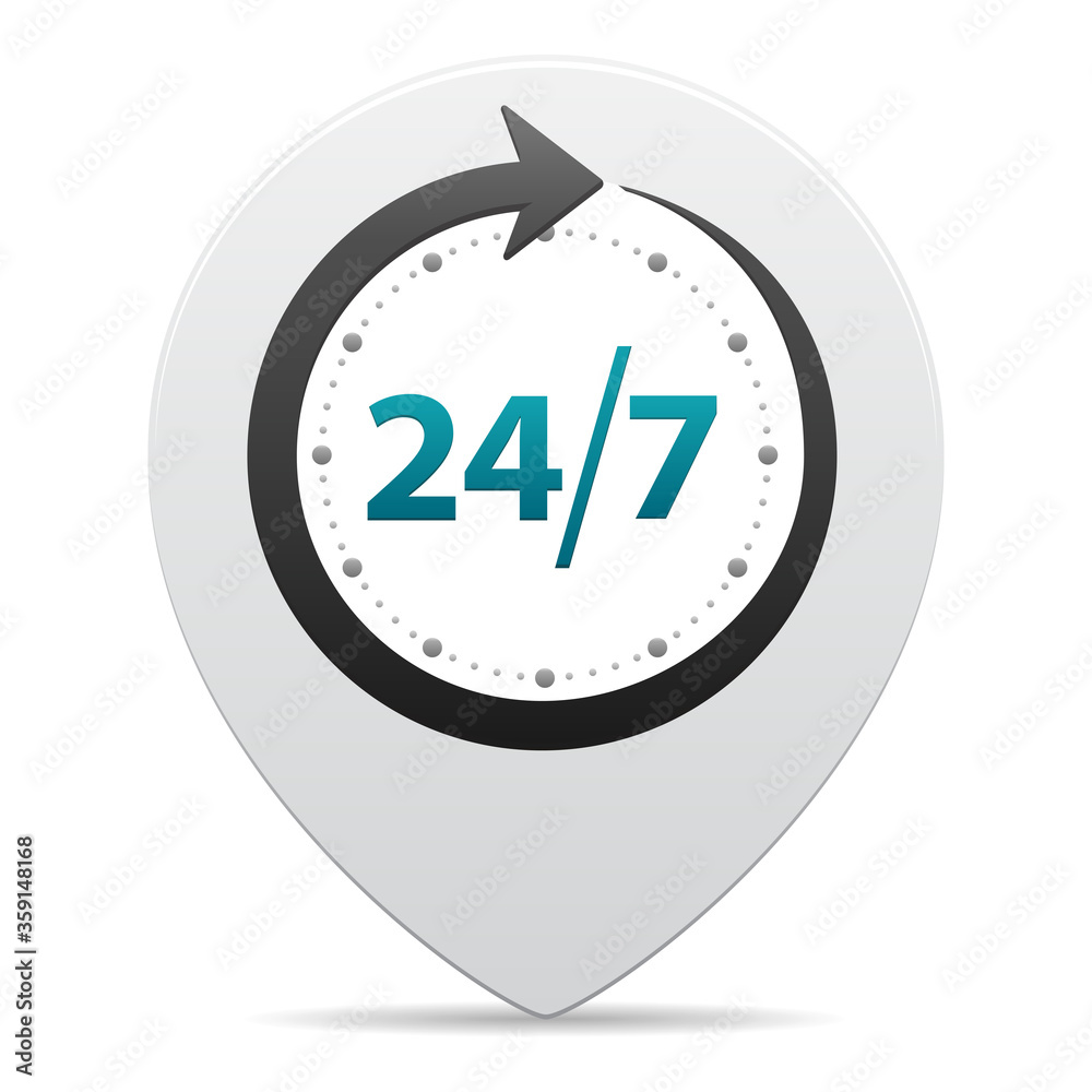 Open around the clock or 24 hours a day and 7 days a week symbol on map pin icon isolated on white background. Vector illustration Open around the clock or 24 hours a day and 7 days a week symbol on map pin icon isolated on white background. Vector illustration
