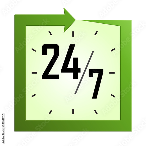 Open  and service around the clock or 24 hours a day and 7 days a week square icon or symbol