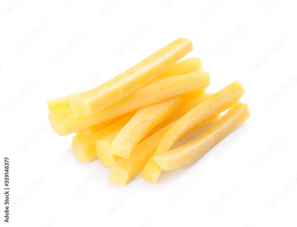 Raw yellow carrot sticks isolated on white Raw yellow carrot sticks isolated on white