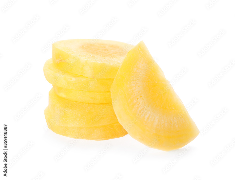 Slices of raw yellow carrot isolated on white Slices of raw yellow carrot isolated on white