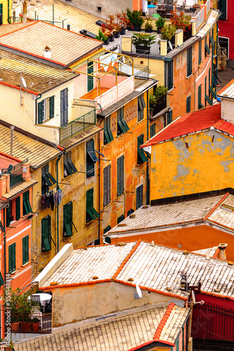 Bild auf Leinwand It's Aerial view of the houses in Vernazza (Vulnetia), a small town in province of La Spezia, Liguria, Italy