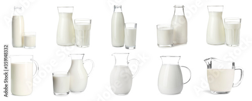 Set with different glassware of fresh milk on white background. Banner design