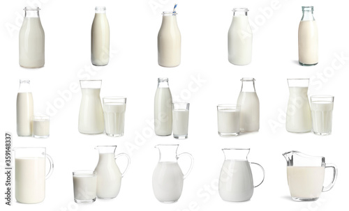 Set with different glassware of fresh milk on white background