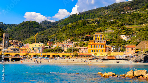 It's Panorama of Monterosso al Mare, a small town in province of La Spezia, Liguria, Italy. It's one of the lands of Cinque Terre, UNESCO World Heritage Site
