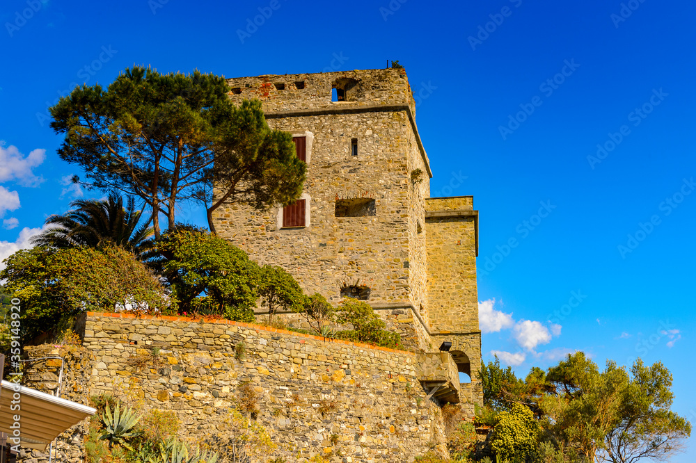 Fototapeta premium It's Stone fortifications of Monterosso al Mare, a small town in province of La Spezia, Liguria, Italy. It's one of the lands of Cinque Terre, UNESCO World Heritage Site
