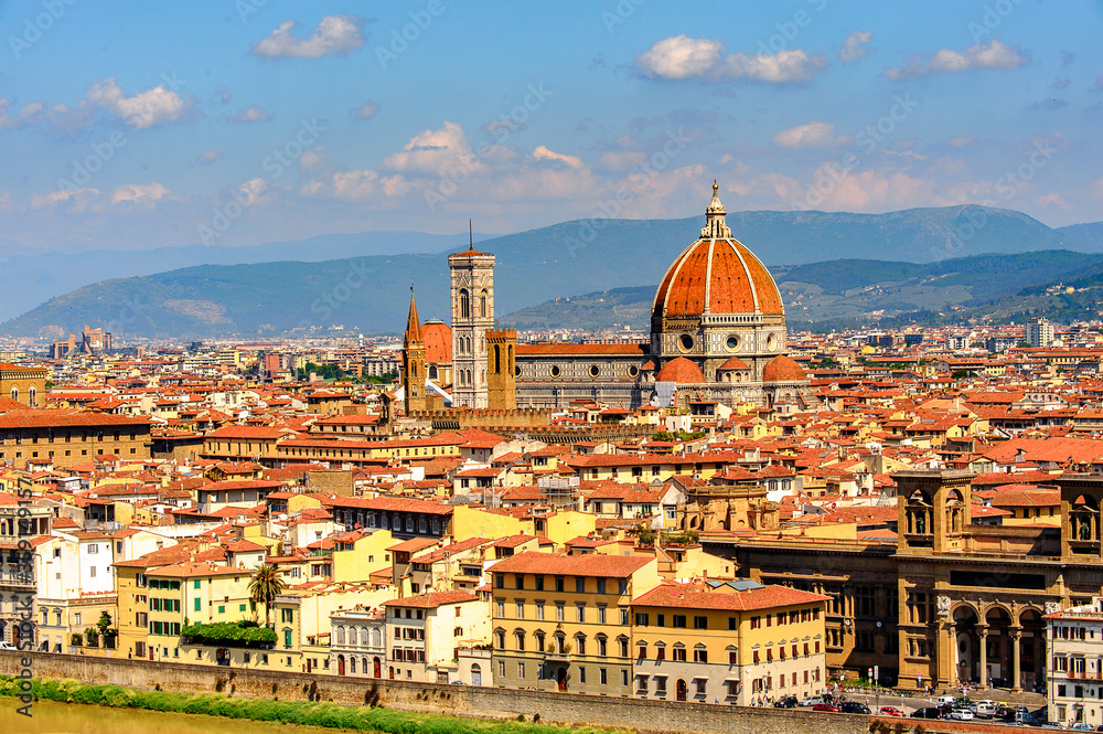 It's Cathedral of Santa Maria del Fiore in Tuscany, Florence, Italy. View from the Michelangelo Square