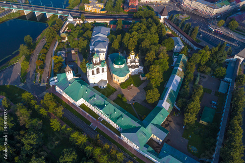 Above Spaso-Preobrazhenskiy monastery July morning  aerial photography . Golden Ring of Russia  Yaroslavl