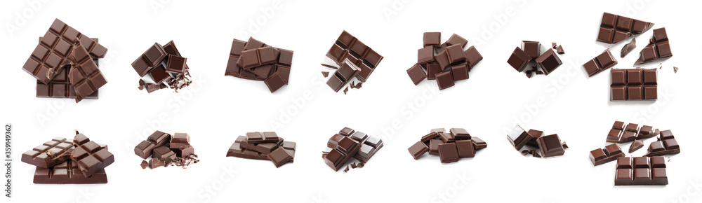 Fototapeta premium Set with tasty dark chocolate on white background. Banner design
