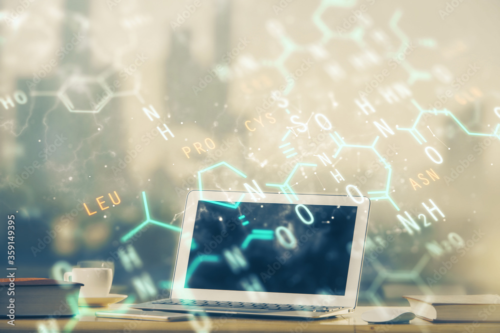 Desktop computer background and formula hologram writing. Double exposure. Education concept. Desktop computer background and formula hologram writing. Double exposure. Education concept.