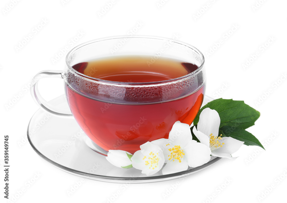 Cup of tea and fresh jasmine flowers isolated on white Cup of tea and fresh jasmine flowers isolated on white