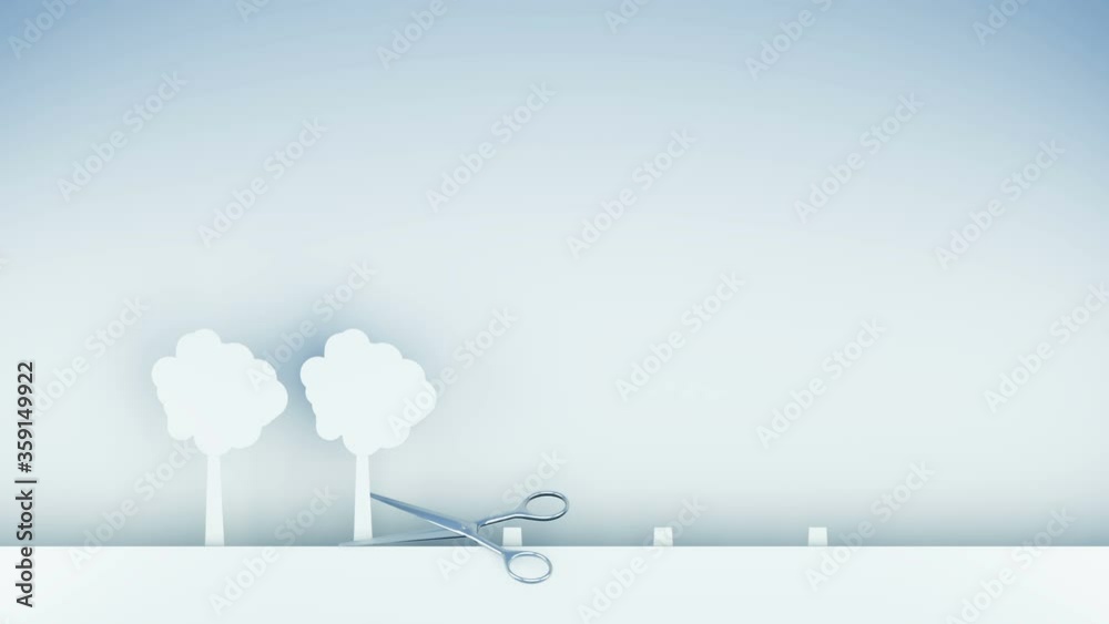 deforestation. Paper forest destruction of metal scissors. Creative ecology concept. Realistic 4K animation.
